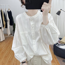 批发春装纯棉立领灯笼袖长袖衬衫女式2025韩<b class='q'>范</b>减龄上衣复古打底衫衬衣