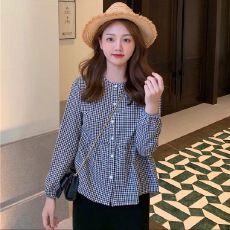 批发格子长袖<b class='q'>娃娃衫</b>衬衫女百搭上衣甜美简约2025春夏季<b class='q'>韩版</b>宽松黑白色