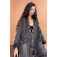 批发加肥加大码口袋牛仔外套女秋季新款宽松大版中长款风衣2026新春