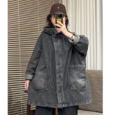 批发200斤牛仔外套大码宽松遮肉复古大码女百搭大口袋连帽软牛仔外套