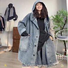 批发200斤可穿大码宽松固色遮肉复古大版百搭大口袋连帽软牛仔外套女