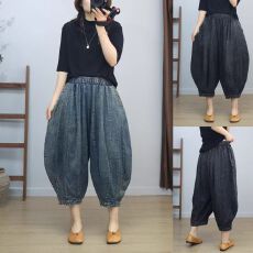 批发2026春夏大码牛仔灯笼裤拼接宽松遮肉显瘦八分阔腿<b class='q'>哈伦</b>裤裤女