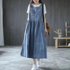 批发200斤春复古牛仔背心裙女宽松<b class='q'>高腰</b>中长款森系大码A字<b class='q'>连衣裙</b>夏2026