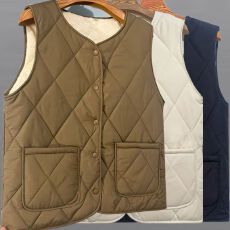 批发全棉夹棉加厚马甲女单排扣V领无袖撞色背心