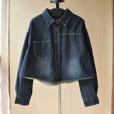 批发韩版时尚小口袋圆弧下摆宽松翻领长袖短款牛仔衬衫外套2026春上新