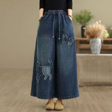 批发180斤穿春夏<b class='q'>大码</b>牛仔阔腿裤新款绣花<b class='q'>宽松</b>显瘦百搭牛仔直筒阔腿裤