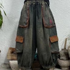 批发180斤可穿<b class='q'>大码</b>新款复古口袋哈伦个性牛仔拼接灯笼裤裤宽松九分女