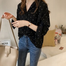 批发2026春夏大码韩版女装chic赫本风翻领撞色<b class='q'>波点</b>宽松百搭长袖<b class='q'>衬衫</b>