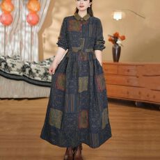 批发翻领排扣长袖简约时尚长裙2026<b class='q'>春</b>季新款加肥加大印花连衣裙