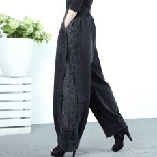 批发2026春新款拼接设计松紧高腰牛仔<b class='q'>裤</b>大码宽松休闲时尚哈伦阔腿<b class='q'>裤</b>
