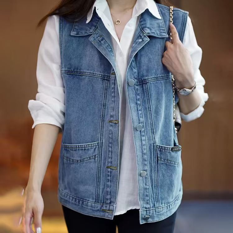 다용도 자수 데님 베스트 2026 봄 가을 새로운 루즈핏 빅 사이즈 캐주얼 주머니 조끼 어깨