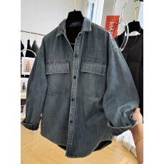 批发300斤工装复古宽松叠穿牛仔衬衫女春秋<b class='q'>设计</b>感慵懒风开衫大码女装