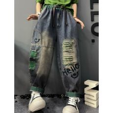 批发松紧腰牛仔哈伦<b class='q'>裤</b>复古刺绣破洞撞色长<b class='q'>裤</b>宽松大码老爹<b class='q'>裤</b><b class='q'>垮</b><b class='q'>裤</b>潮
