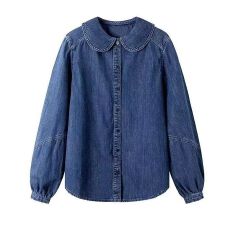 批发减龄娃娃领牛仔衬衫女叠穿内搭2026早<b class='q'>春</b>新款宽松前短后长上衣潮