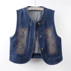 批发2026春款大码宽松休闲时尚文艺<b class='q'>百搭</b>绣花牛仔马甲外穿韩版