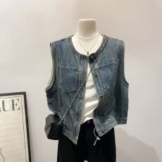 批发170斤可穿时尚<b class='q'>百搭</b>圆领单排扣牛仔马甲女短款背心无袖坎肩外套
