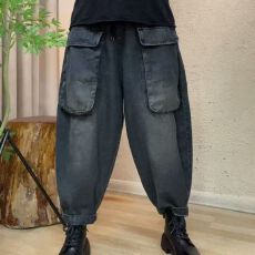 批发全棉牛仔宽松<b class='q'>哈伦裤</b>女夏季新款复古文艺松紧腰显瘦大口袋牛仔裤女