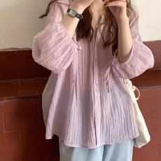 批发韩国小众chic防晒<b class='q'>衬衫</b>女夏季2026新款薄款<b class='q'>灯笼袖</b>休闲宽松褶皱<b class='q'>衬衣</b>