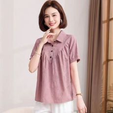 批发棉麻衬衫女文艺复古短袖上衣2026夏季<b class='q'>妈妈</b>Polo领