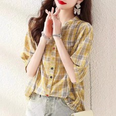 批发短袖休闲格子衬衫女2026夏装新款<b class='q'>妈妈</b>大码时尚洋气小个子棉麻上衣