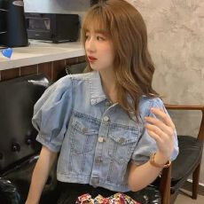 批发泡泡袖短款牛仔女夏季2026新薄款宽松韩版气质上衣潮