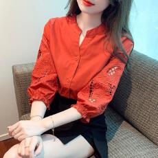 批发2026<b class='q'>镂空</b>绣花五分袖纯棉衬衫女夏日新中式圆领宽松衬衣上衣显