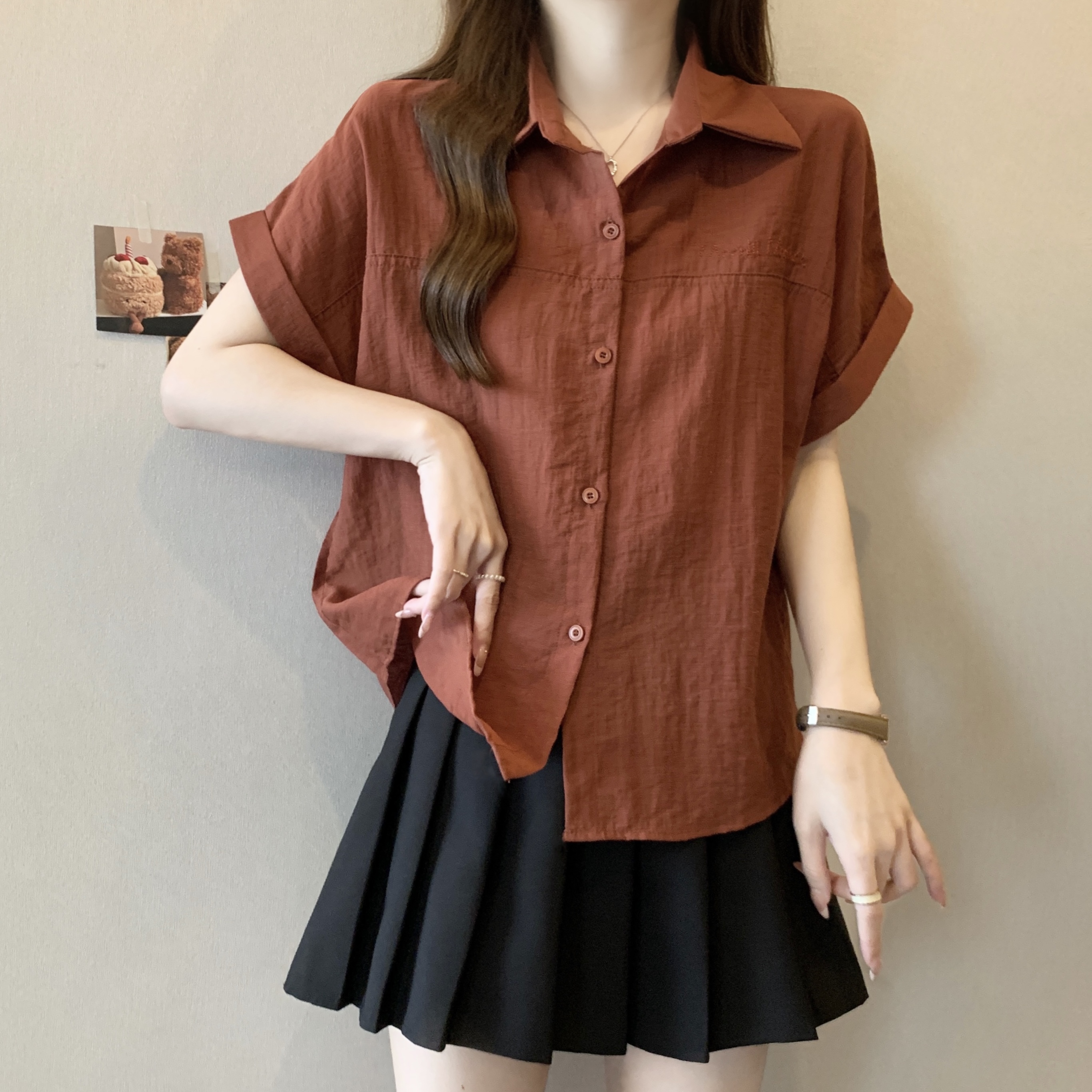 RY3842# 夏季新款胖MM设计感短袖纯色衬衫女打底衫200斤可穿