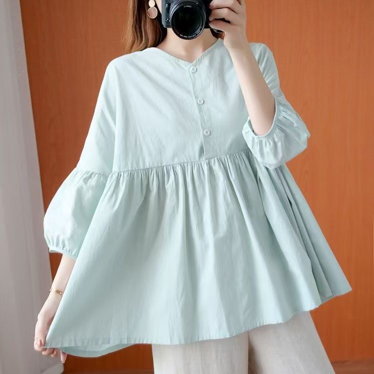 200 kg 7부 소매 빅 사이즈 여성 의류 느긋한 바람 거품 소매 셔츠 순면 반팔 패션 루즈핏 다용도 맨위