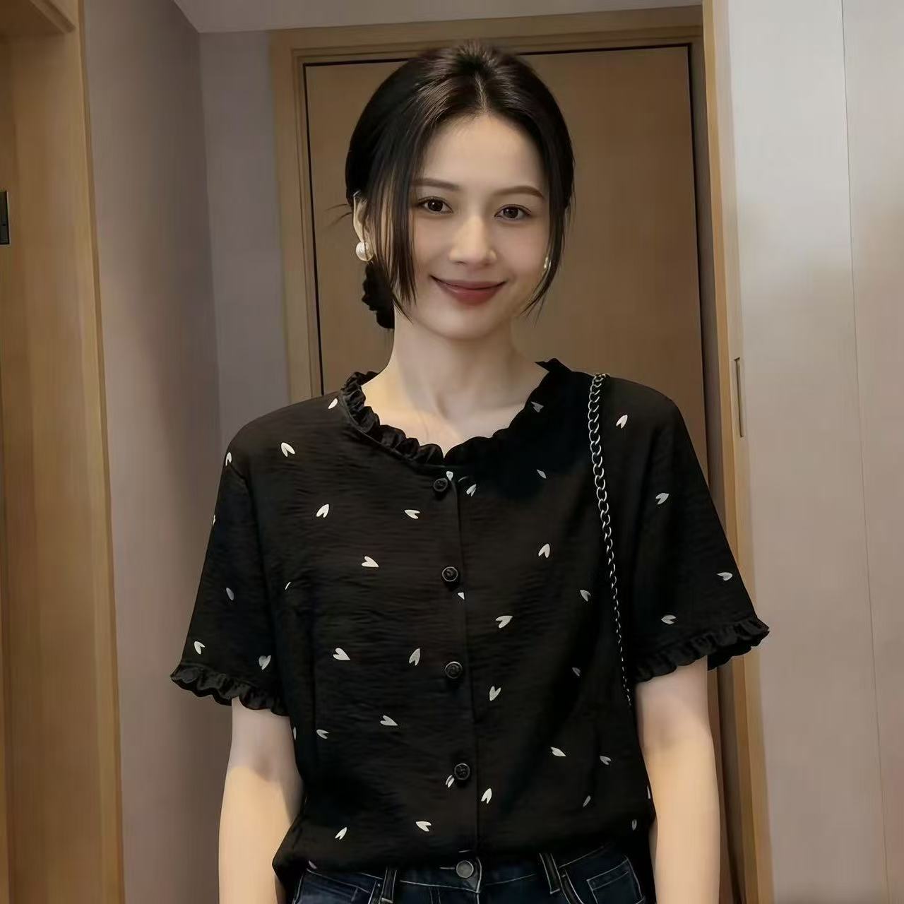 프랑스식 프릴 하트 프린트 반팔 셔츠 2026 봄 여름 루즈핏 슬림해 보이는 부드러운 바람 맨위