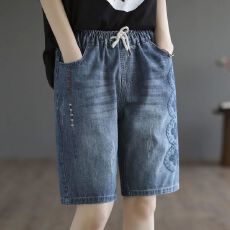 批发新款大码宽松休闲时尚<b class='q'>绣花</b>软牛仔短裤夏季百搭阔腿裤花裤