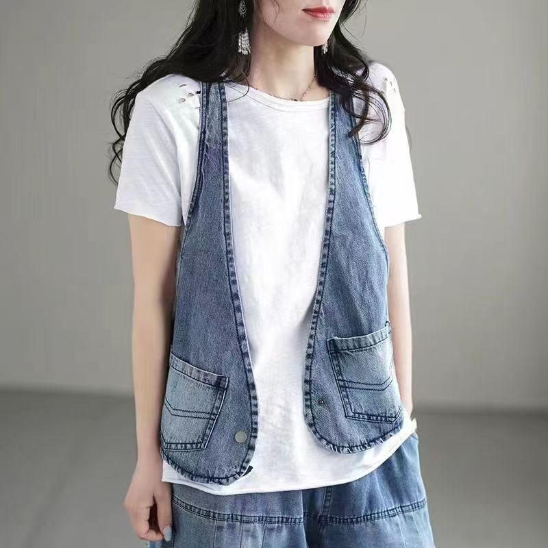 한국 chic 디자인 센스 개성 데님 조끼 여자 워크웨어 장식 재킷 여름 슬립 로얄 자매 조끼