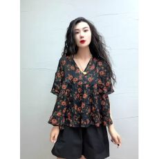 批发夏季新款森系文艺印花收腰宽松显瘦娃娃款甜美轻薄<b class='q'>衬衫</b>女