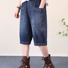 批发夏薄款牛仔5分裤高腰松紧宽松显瘦<b class='q'>哈伦</b>休闲老爹裤中裤女