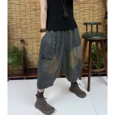 批发180斤七分裤夏季薄款时尚个性口袋牛仔<b class='q'>哈伦</b>裤大码显瘦萝卜裤垮裤