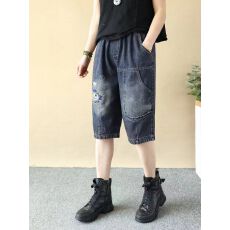 批发夏季薄款刺绣牛仔六分裤大码宽松女裤水洗磨白<b class='q'>哈伦</b>裤