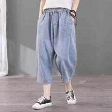 批发180斤文艺复古牛仔<b class='q'>七分裤</b>女士2026夏大码宽松百搭全棉水洗<b class='q'>哈伦</b>裤