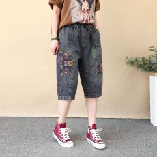 批发刺绣牛仔<b class='q'>哈伦</b>盘扣设计感文艺萝卜裤垮裤女五分裤大码
