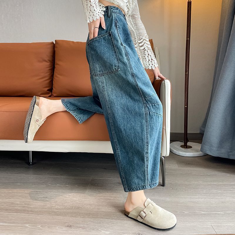 한국 아메리칸 vibe 레트로 모통이 칼 프로필 모양 청바지 여성 여름 작은 대중 워싱 넓은 다리 가을 센스 무 바지