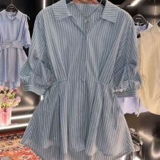 烫钻条纹衬衫女夏季新款短袖休闲百搭衬衣收腰显瘦潮流时尚