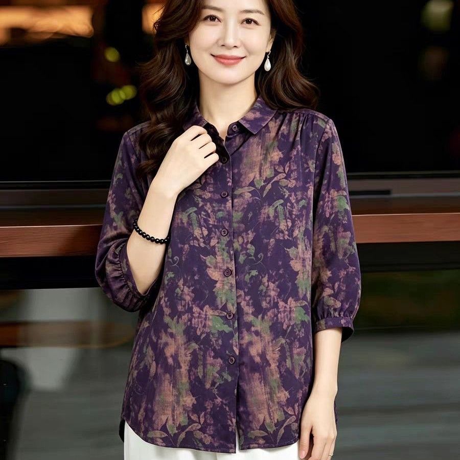 품격 패션 스탠드 칼라 5 점 소매 꽃무늬 여성 셔츠 여름 새로운 루즈핏 연령 감소 외국 가스 아름다운 작은 셔츠