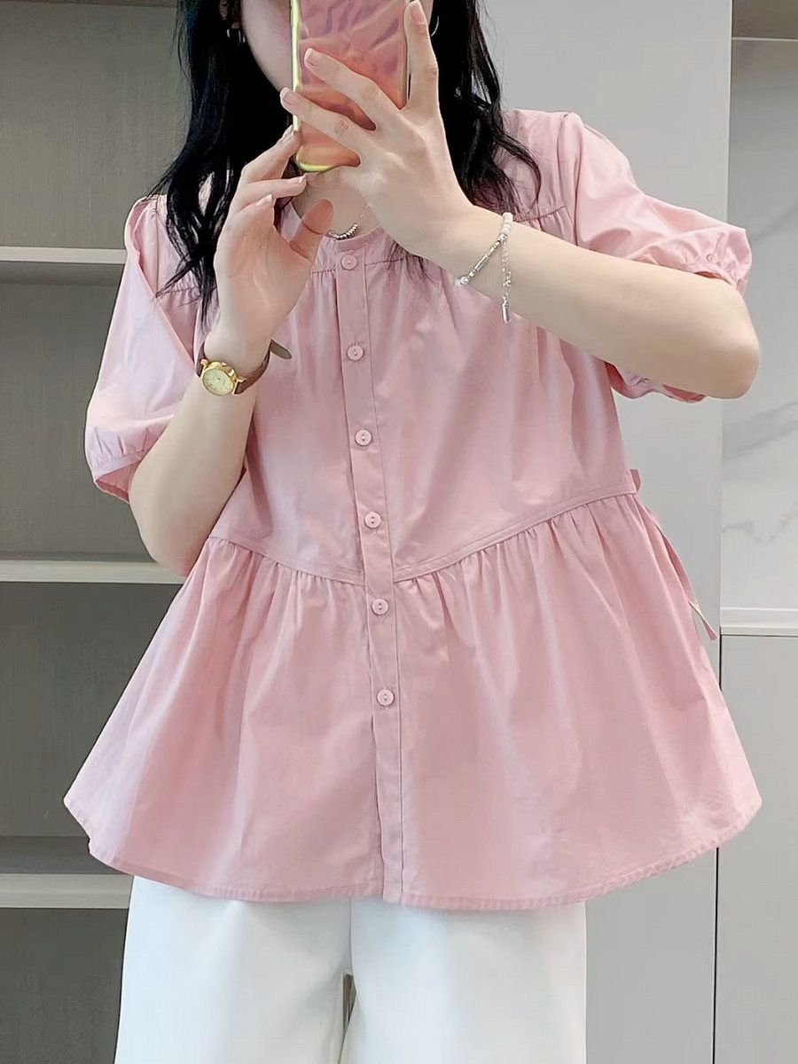여름 새로운 프랑스식 달콤함 라운드 넥 측면 거품 소매 빅 사이즈 루즈핏 슬림해 보이는 연령 감소 인형 셔츠