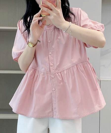 여름 새로운 프랑스식 달콤함 라운드 넥 측면 거품 소매 빅 사이즈 루즈핏 슬림해 보이는 연령 감소 인형 셔츠