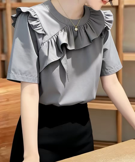 패션 부드러운 아름다운 회색 라운드 넥 프릴 반팔 티셔츠 여성 여름 새로운 외국 가스 연령 감소 다용도 맨위