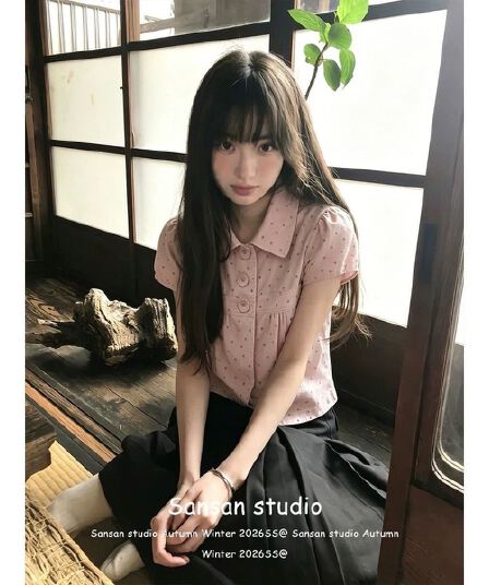 학원 스타일 핑크색 도트 무늬 반팔 여성 셔츠 여름 착용 가져 가라. 한 부서 셔츠 몸매 가꾸기 슬림해 보이는 달콤함 폴로 칼라 맨위