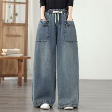 批发新款复古<b class='q'>高腰</b>蓝色牛仔裤女阔腿裤显瘦直筒<b class='q'>长裤</b>子