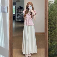 批发夏日绝美俏皮小<b class='q'>套装</b>温柔气质<b class='q'>名媛</b>粉色短袖上衣a字半身裙两件套女