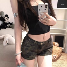 批发美式复古辣妹低腰迷彩牛仔超短裤女2025新款夏季薄款包臀a字<b class='q'>热裤</b>
