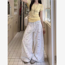 批发设计感小动物印花直筒<b class='q'>休闲裤</b>女夏甜美可爱百搭长裤高腰显瘦阔腿裤