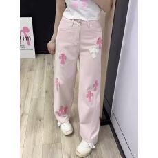 批发设计感拼皮个性粉<b class='q'>色</b>牛仔裤2025春秋高腰宽松显瘦<b class='q'>休闲裤</b>直筒阔腿裤