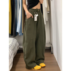 批发美式复古军绿<b class='q'>色</b>弯刀牛仔裤女夏季设计感宽松显瘦阔腿工装<b class='q'>休闲裤</b>子